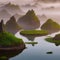 A surreal scene of floating islands with lush vegetation, surrounded by a misty atmosphere2, Generative AI