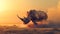 Surreal scene of a flying rhino in a golden sunset sky. dreamy fantasy landscape, digital artwork for creative design
