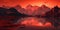 Surreal scene of mountain range at dusk with the bright red sky and mountain lake. AI generated.