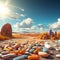 Surreal scene of pills and medications blending with a desert landscape