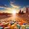 Surreal scene of pills and medications blending with a desert landscape