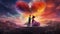 Surreal scene where a couple dances in a cloud of colorful dreams shaped like heart