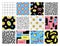 Surreal seamless patterns with emoji, arch, geometric, abstract shapes and cartoon characters in weird cartoon style.