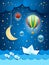 Surreal seascape with hot air balloons and paper boat