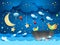 Surreal seascape with moon, umbrella, balloons and flying fishes