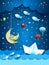 Surreal seascape by night, with paper boat and flying fishes