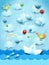 Surreal seascape with paper boat, balloons, birds and flying fishes