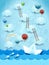 Surreal seascape with paper boat, balloons and stairways