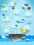 Surreal seascape with umbrella, birds, balloons and flying fishes