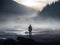 A surreal shot of a silhouetted figure standing at the edge of a vast misty landscape created with Generative AI