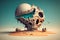 Surreal skull with weathered brains. Abandoned different world. Fantastic planet. Generative AI