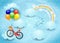 Surreal sky with clouds, rainbow and hanging bike