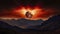 Surreal solar eclipse at sunset over mountains. Mystical eclipse illustration over a desert mountain range.