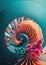 A surreal spiral shaped object with a pink flower in the center. AI generative image.