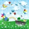 Surreal spring landscape with pinwheels, umbrella and flying fishes