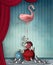 Surreal stage with a flamingo, butterflies and sparrows