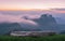 Surreal stone table top podium outdoors blurred misty mountain at sunset nature background.cosmetic product placement pedestal