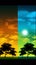 Surreal sunset and full moon digital painting with green and yellow trees