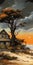 Surreal Sunset Tree Painting: Dark Orange And Gray Genre Art