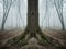 Surreal symmetrical tree in a forest with fog and frost