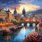 Surreal transformation of Charles Bridge into a living entity adorned with vibrant flowers