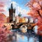 Surreal transformation of Charles Bridge into a living entity adorned with vibrant flowers