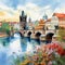 Surreal transformation of Charles Bridge into a living entity adorned with vibrant flowers