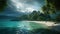 Surreal Tropical island paradise with bright blue water and dark green trees.