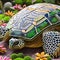 A surreal turtle with a shell adorned with intricate mosaic patterns, carrying a miniature garden on its back1, Generative AI