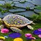 A surreal turtle with a shell adorned with intricate mosaic patterns, carrying a miniature garden on its back5, Generative AI