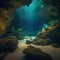 Surreal underwater cave with bioluminescent creatures and rock formations4