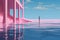 Surreal vaporwave landscape with abstract architecture elements on the water. Dreamy landscape. Generated AI.