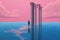 Surreal vaporwave landscape with abstract architecture elements on the water. Dreamy landscape. Generated AI.