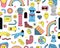 Surreal vector seamless pattern with sculpture, emoji, rainbow, arch, space, stairs in trendy weird cartoon style.