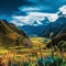 Surreal and vibrant image of the enchanting Sacred Valley and the majestic mountains surrounding Cusco