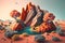 Surreal vibrant landscape with alien-like otherworldly terrain with mountains and hills