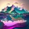 Surreal vibrant landscape with alien-like otherworldly terrain with mountains and hills