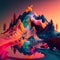 Surreal vibrant landscape with otherworldly terrain with mountains and hills melting