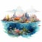 Surreal Watercolor Landscape: Underwater Metropolis With Fish And Corals