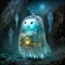 Surreal whimsical illustration of a ghost in a cave with a house inside