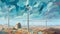 Surreal Wind Power: Abstract Painting Of Wind Turbines In The Style Of Magritte