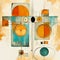 Surrealism Digital Watercolor: Mid-century Cubist Elements In Orange And Blue Circles