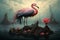 Surrealism: Flamingo with Peacock Feathers on Floating Rock