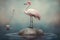 Surrealism: Flamingo with Peacock Feathers on Floating Rock