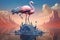 Surrealism: Flamingo with Peacock Feathers on Floating Rock