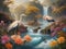 surrealism image landscapes of sinuosity wave flowers river and waterfall while herons hidden among an explosion of colors.