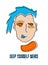 Surrealist face with blue hair and text - keep youself weird. Comic positive print for t-shirt or notepad