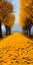 Surrealist Fantasy Landscape Asphalt Walkway Amidst Yellow Leaves