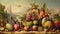 A surrealist fruit painting displays unusually large and oddly shaped fruits. It reflects the mystery of nature and unusual