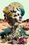 Surrealist painting Portrait statue surrounded by cacti and roses in the desert surrounded by planets